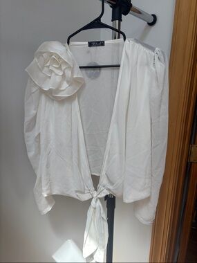 Women's White Tie-Front Blouse with Floral Shoulder Accent